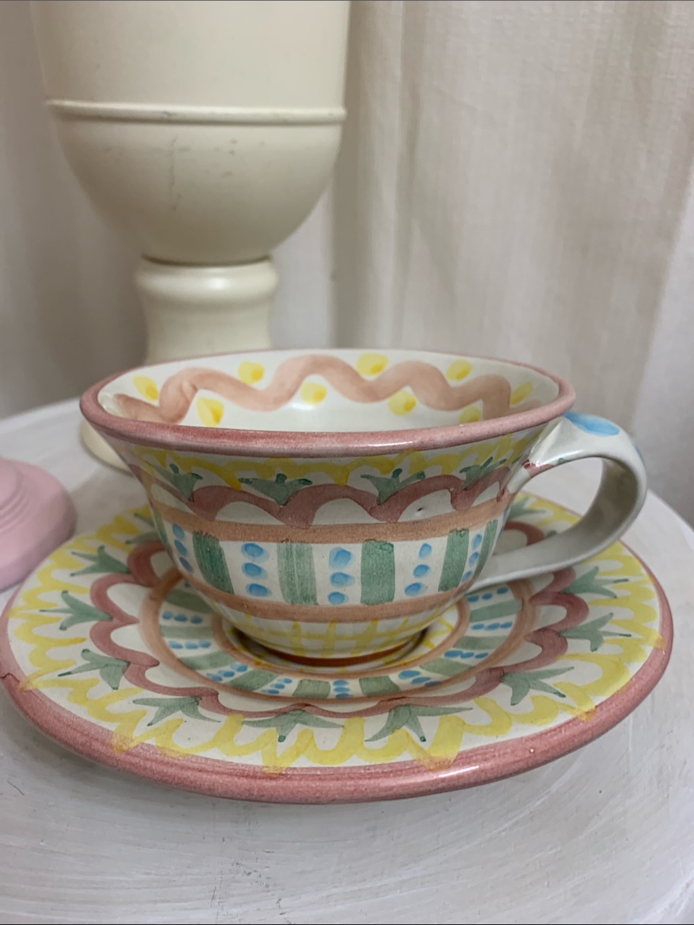 Mackenzie Childs Vintage Tea Cup Saucer Set Hand Painted Ceramic Stamped